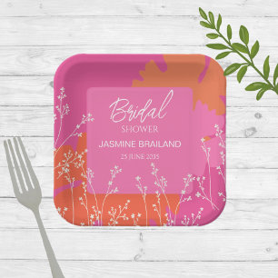 Hot Pink and Orange Daisy Abstract Floral Bridal Paper Plate
