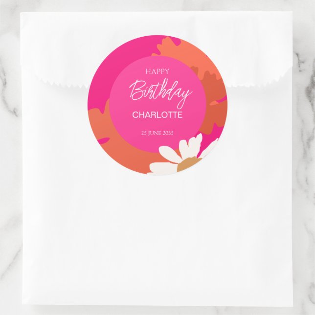 Hot Pink and Orange Daisy Floral Birthday Party  Classic Round Sticker (Bag)