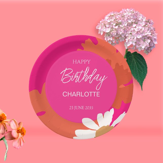 Hot Pink and Orange Daisy Floral Birthday Party  Paper Plate (Creator Uploaded)