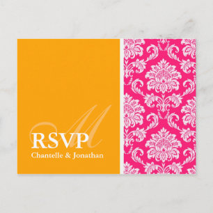 Hot Pink and Orange Damask RSVP Postcard