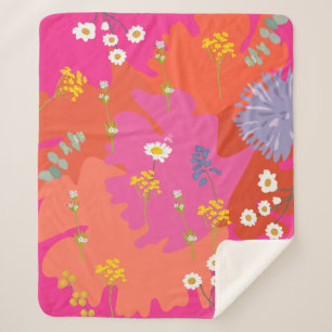 Hot Pink and Orange Floral Garden Abstract  Sherpa Blanket
