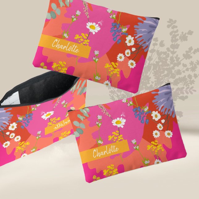 Hot Pink and Orange Floral Garden Personalised  Accessory Pouch (Creator Uploaded)