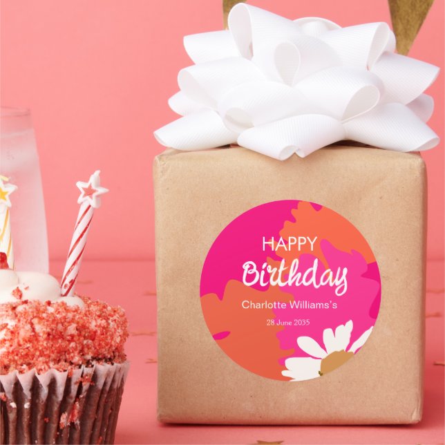 Hot Pink and Orange Floral Happy Birthday Party Classic Round Sticker (Party)