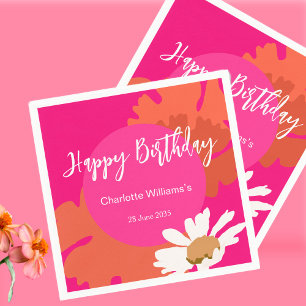 Hot Pink and Orange Floral Happy Birthday Party Napkin