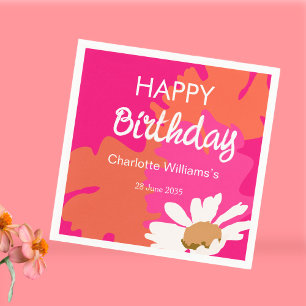 Hot Pink and Orange Floral Happy Birthday Party Napkin