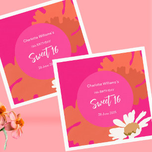 Hot Pink and Orange Floral Sixteen Birthday Party  Napkin