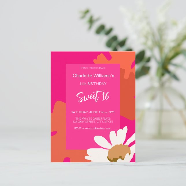Hot Pink and Orange Floral Sixteen Birthday Party  Postcard (Standing Front)