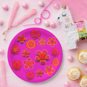 Hot Pink and Orange Flowers Paper Plate