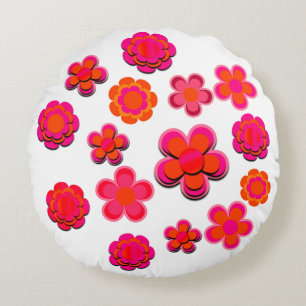 Hot Pink and Orange Flowers Round Cushion