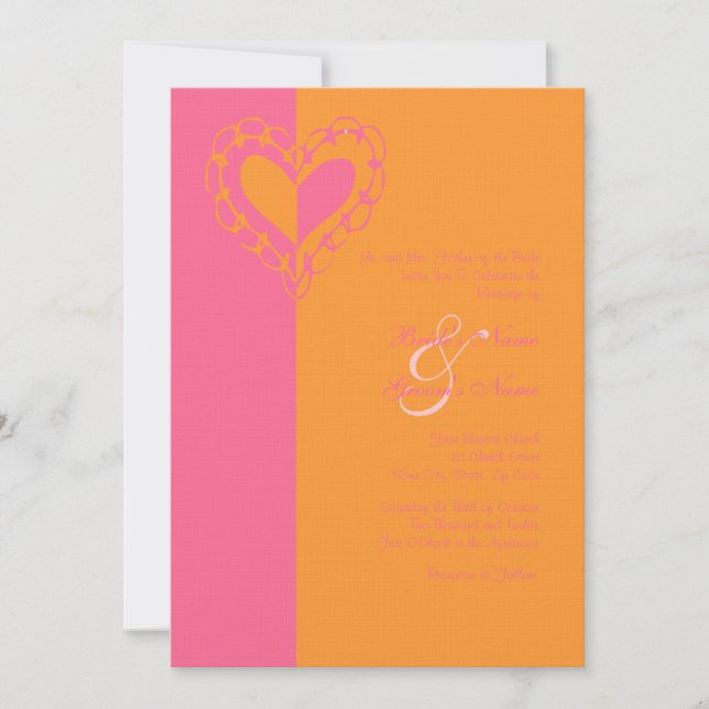 Hot Pink and Orange Heart Wedding Invitation (Front)