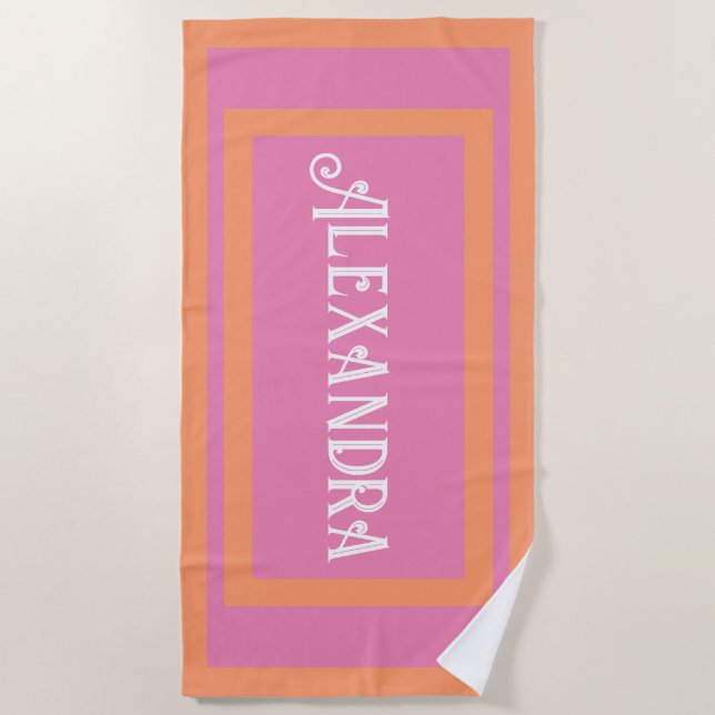 Hot Pink and Orange Personalised Beach Towel (Front)