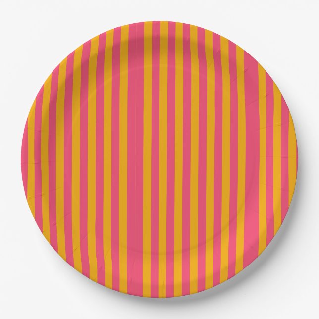Hot Pink and Orange Vertical Stripes Pattern Paper Plate (Front)