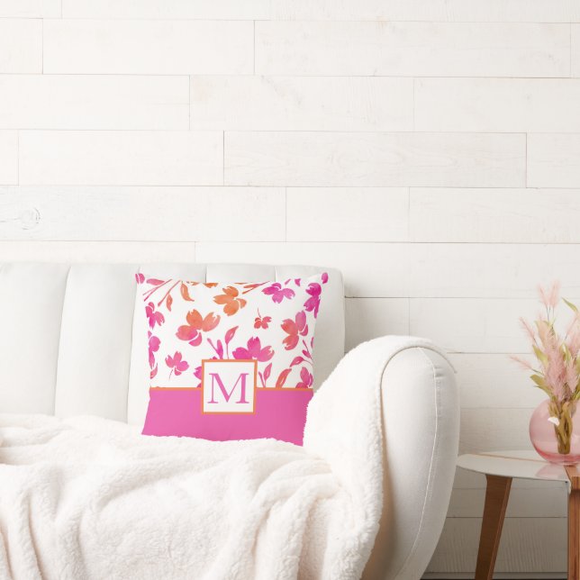 Hot Pink and Orange Watercolor Flower Stems Cushion (Couch)