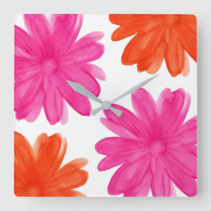 Hot Pink and Orange Watercolor Flowers Square Wall Clock