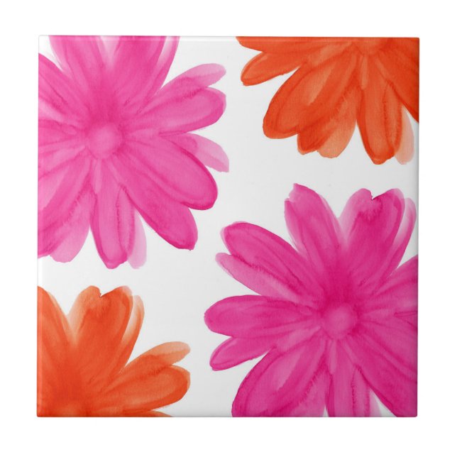 Hot Pink and Orange Watercolor Flowers Tile (Front)
