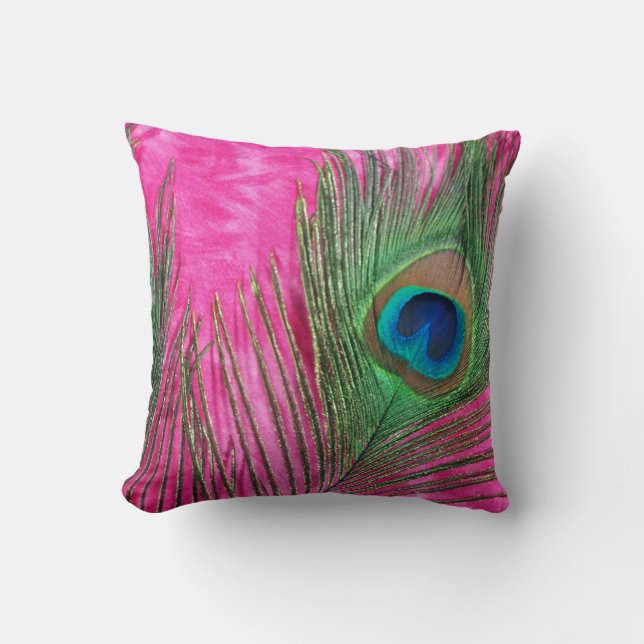 Hot Pink and Peacock Feathers Still Life Cushion (Front)