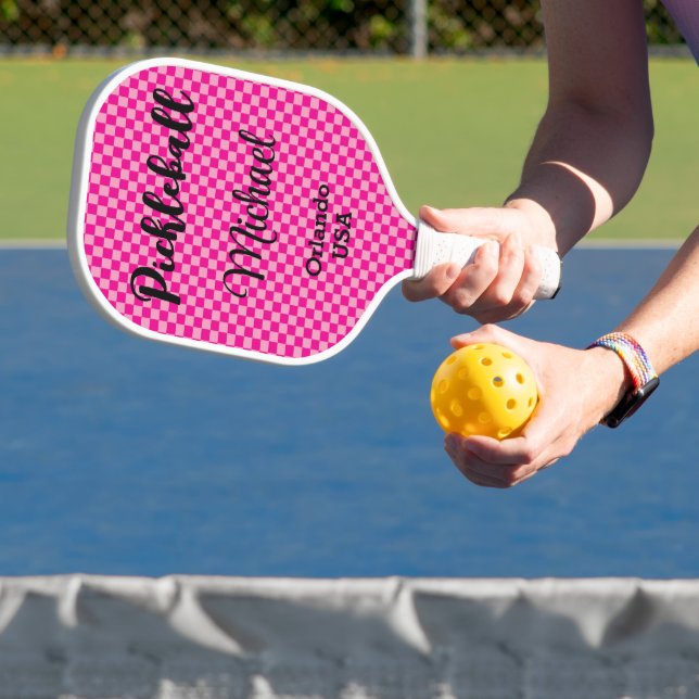Hot Pink and Pink Checks Monogrammed Pickleball Paddle (Insitu)
