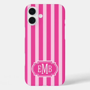 Hot Pink and Pink Monogrammed Stripes iPhone 16 Plus Case