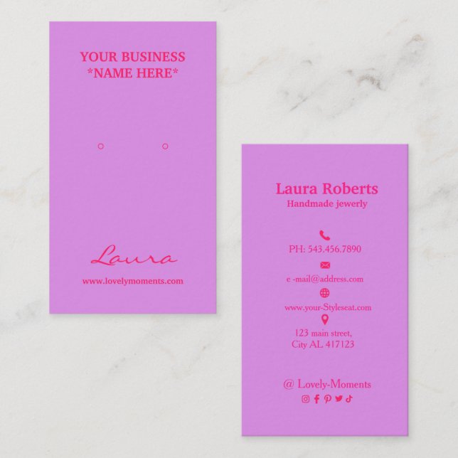 Hot Pink and Purple Add your logo earring display Business Card (Front/Back)