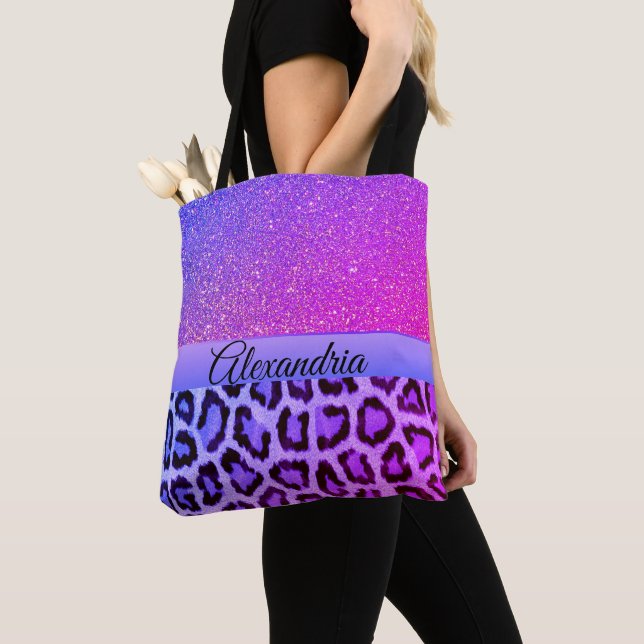 Hot Pink and Purple Glam Leopard Tote Bag (Close Up)