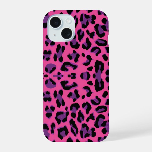 Hot Pink and Purple Leopard Print iPhone 15 Case (Back)