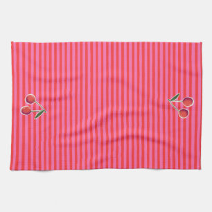 Hot Pink and Red Cherry Stripes Tea Towel
