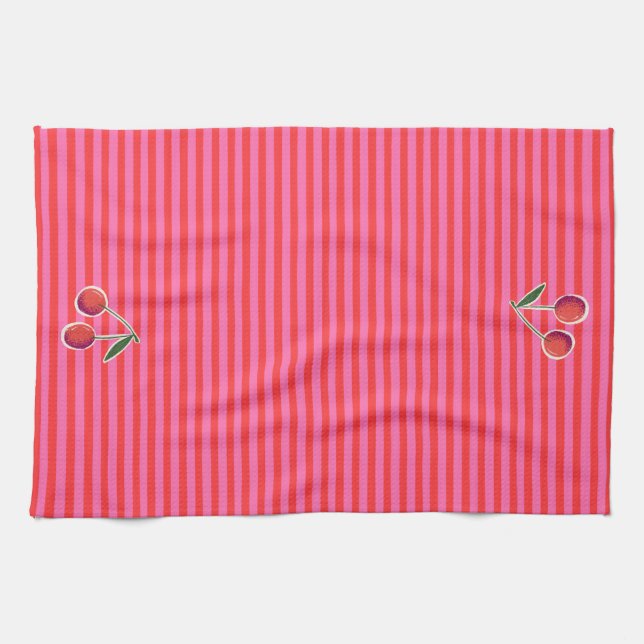 Hot Pink and Red Cherry Stripes Tea Towel (Horizontal)