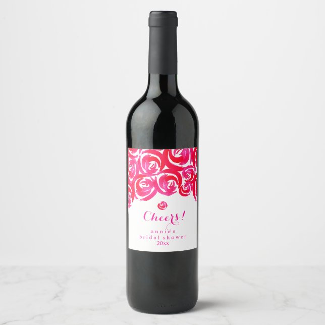 Hot Pink and Red Watercolor Roses Wine Label (Front)