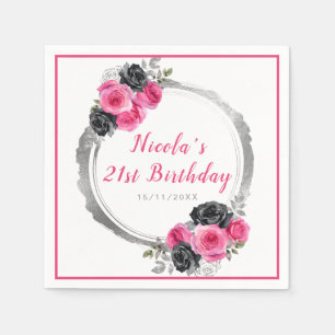 Hot Pink and Silver Elegant Flower Birthday Napkin