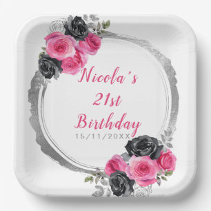 Hot Pink and Silver Elegant Flower Birthday Party Paper Plate