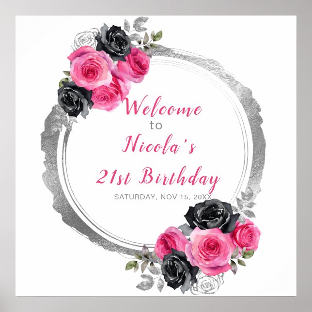 Hot Pink and Silver Elegant Flower Birthday Party  Poster (Front)