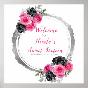 Hot Pink and Silver Elegant Flower Sweet Sixteen Poster