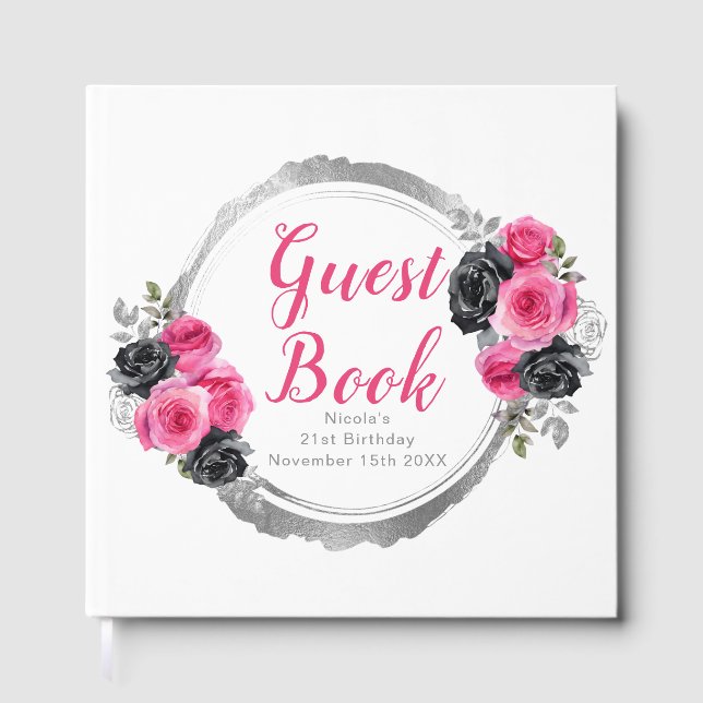 Hot Pink and Silver Elegant Flowers Birthday Party Guest Book (Front)