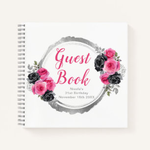 Hot Pink and Silver Elegant Flowers Birthday Party Notebook