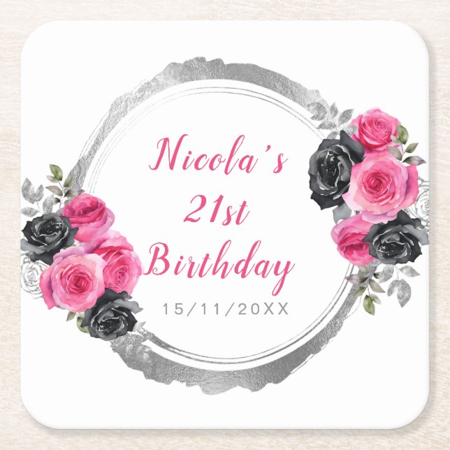 Hot Pink and Silver Elegant Flowers Birthday Party Square Paper Coaster (Front)