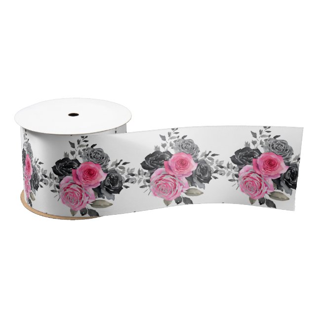Hot Pink and Silver Elegant Flowers Satin Ribbon (Spool)