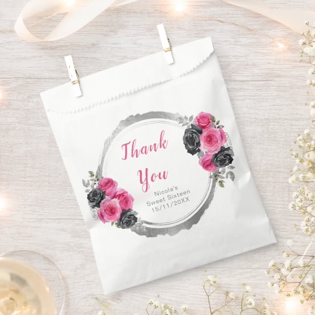 Hot Pink and Silver Elegant Flowers Sweet Sixteen Favour Bags (Clipped)