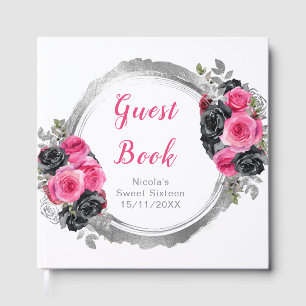 Hot Pink and Silver Elegant Flowers Sweet Sixteen Guest Book