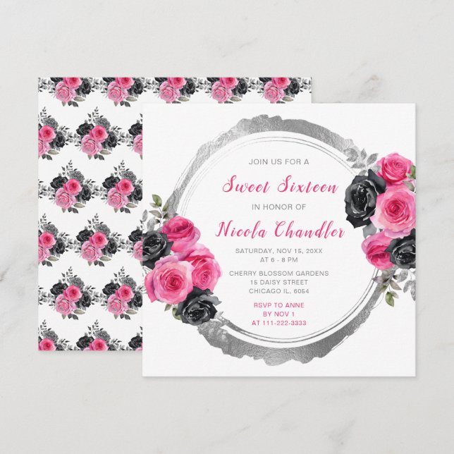 Hot Pink and Silver Elegant Flowers Sweet Sixteen Invitation (Front/Back)