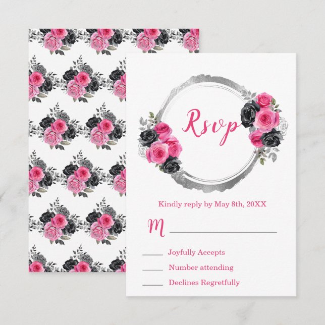 Hot Pink and Silver Elegant Flowers Sweet Sixteen RSVP Card (Front/Back)