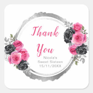 Hot Pink and Silver Elegant Flowers Sweet Sixteen Square Sticker