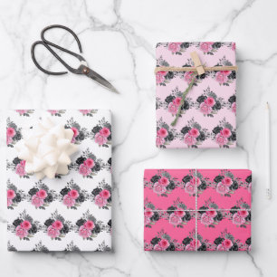 Hot Pink and Silver Elegant Flowers Wrapping Paper Sheet