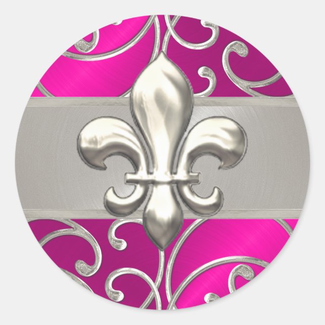 Hot Pink and Silver Filigree Swirls Fleur de Lis Classic Round Sticker (Front)