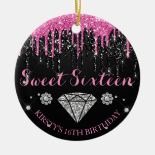 Hot Pink and Silver Glitter Drip Diamond Sweet 16 Ceramic Tree Decoration