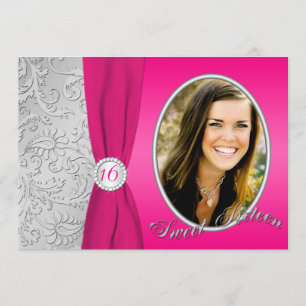 Hot Pink and Silver Photo Sweet Sixteen Invitation
