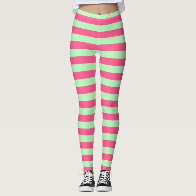 Hot Pink and Soft Green Stripes Leggings (Front)