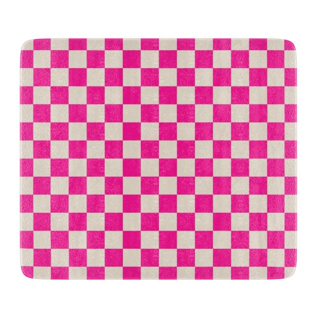 Hot pink and tan checkerboard pattern cutting board (Front)