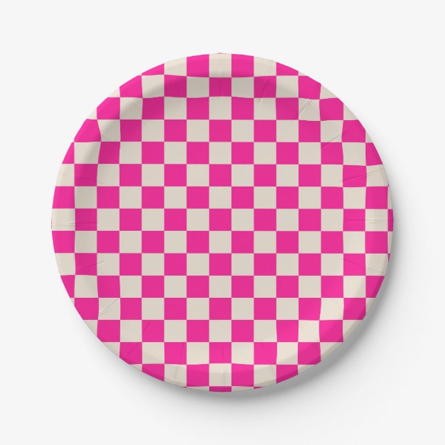 Hot pink and tan checkerboard pattern paper plate (Front)