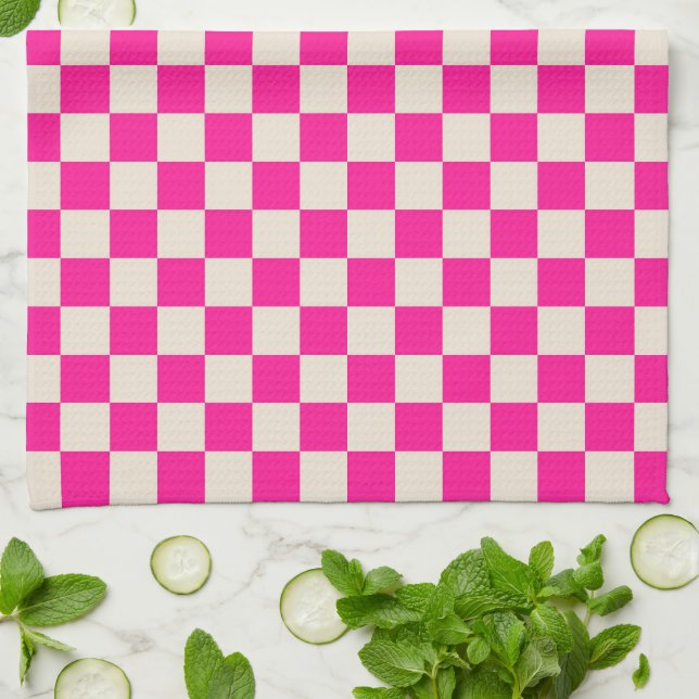 Hot pink and tan checkerboard pattern tea towel (Folded)