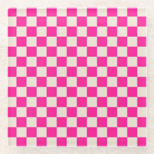 Hot pink and tan chequerboard pattern glass coaster